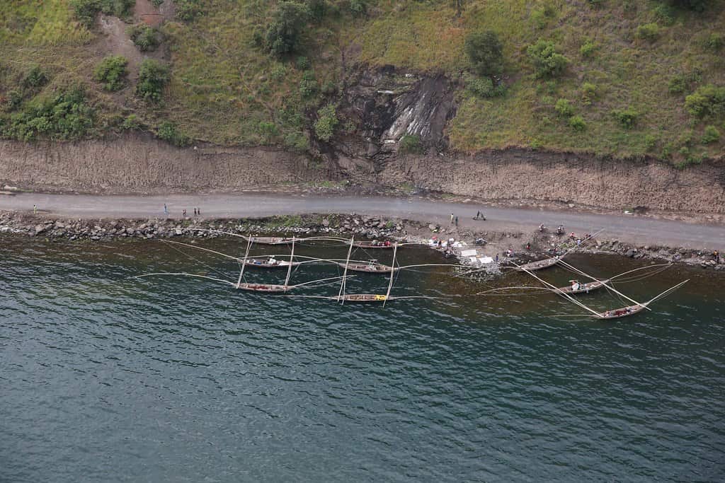 Traditional fishing boats moored on a lake