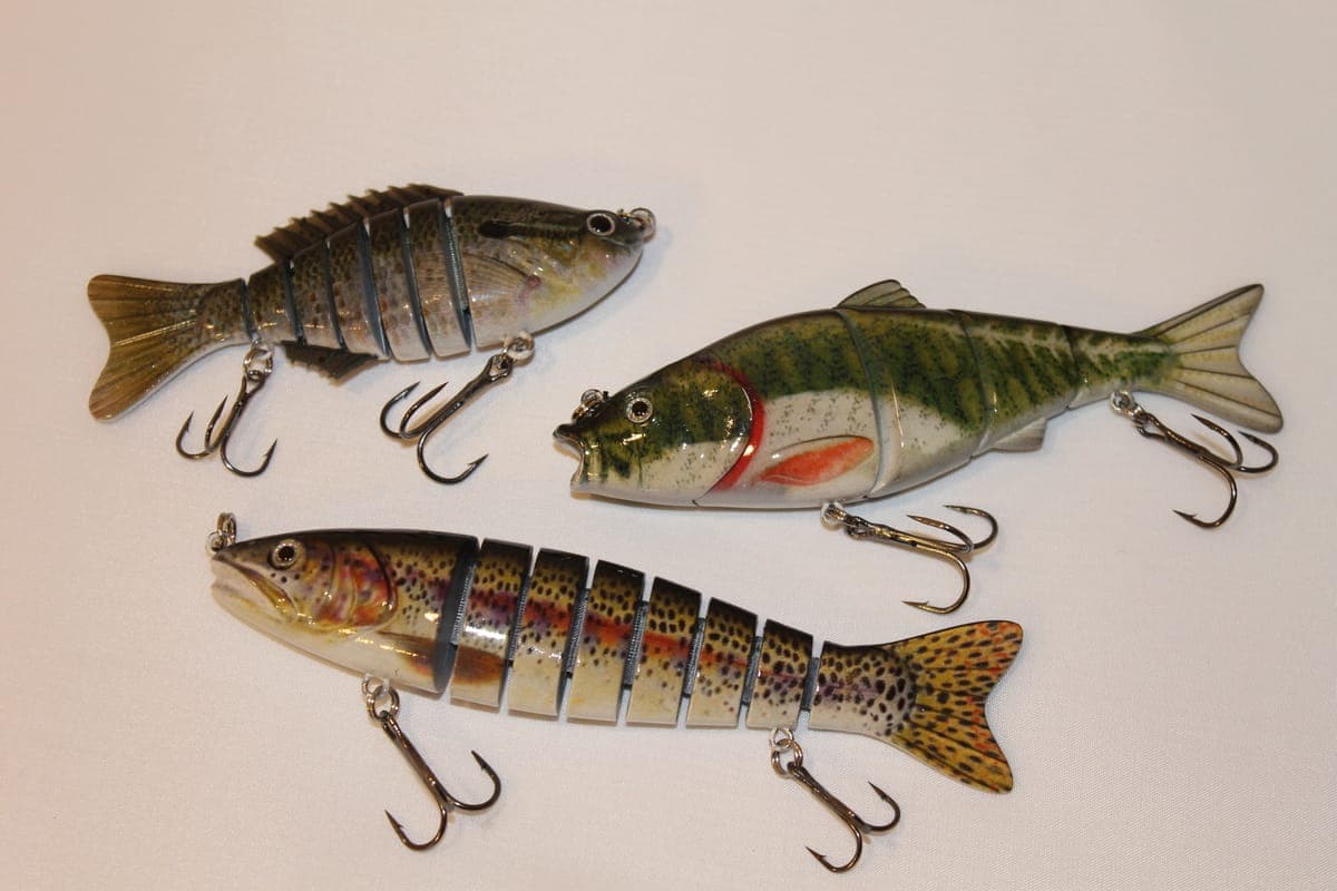 Fishing lures and swim baits laid out