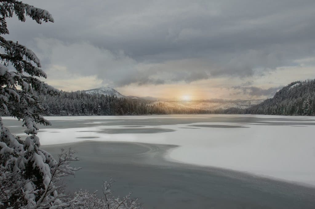 Sunset over a frozen lake
