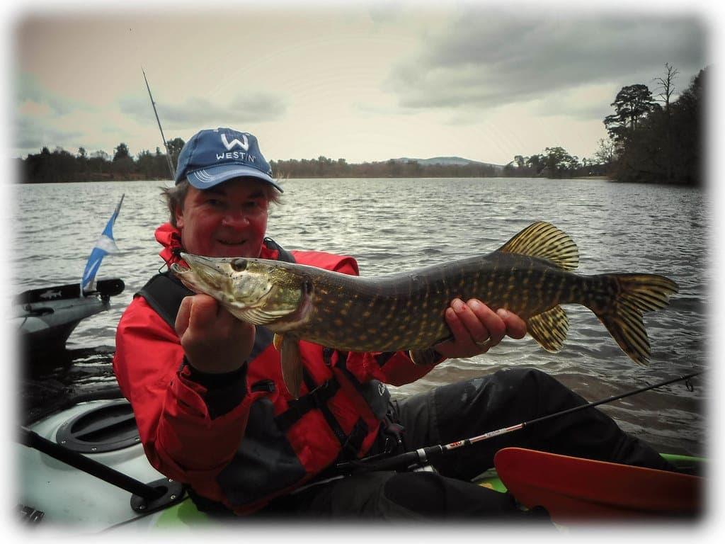 A pike held above the water of a large loch