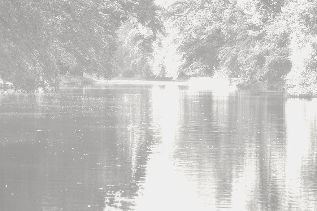 Flat calm freshwater at first light, with a low shoreline in the distance